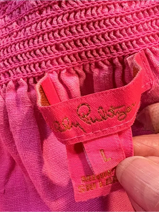 Lilly Pulitzer Leanne Off Shoulder Linen Top Aura Pink Smocked Blouse Large🧡 - Picture 6 of 9